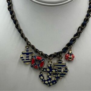 Betsey Johnson Nautical Navy Blue Ribbon Charm Pendants Anchors Ladybug Necklace